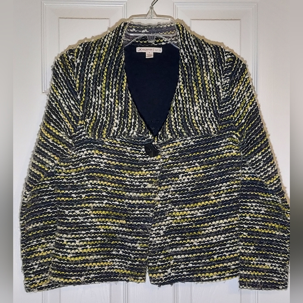 JM COLLECTION | PS Black/Green/Chartreuse Tweed Cardigan VTG Y2K. Lightweight